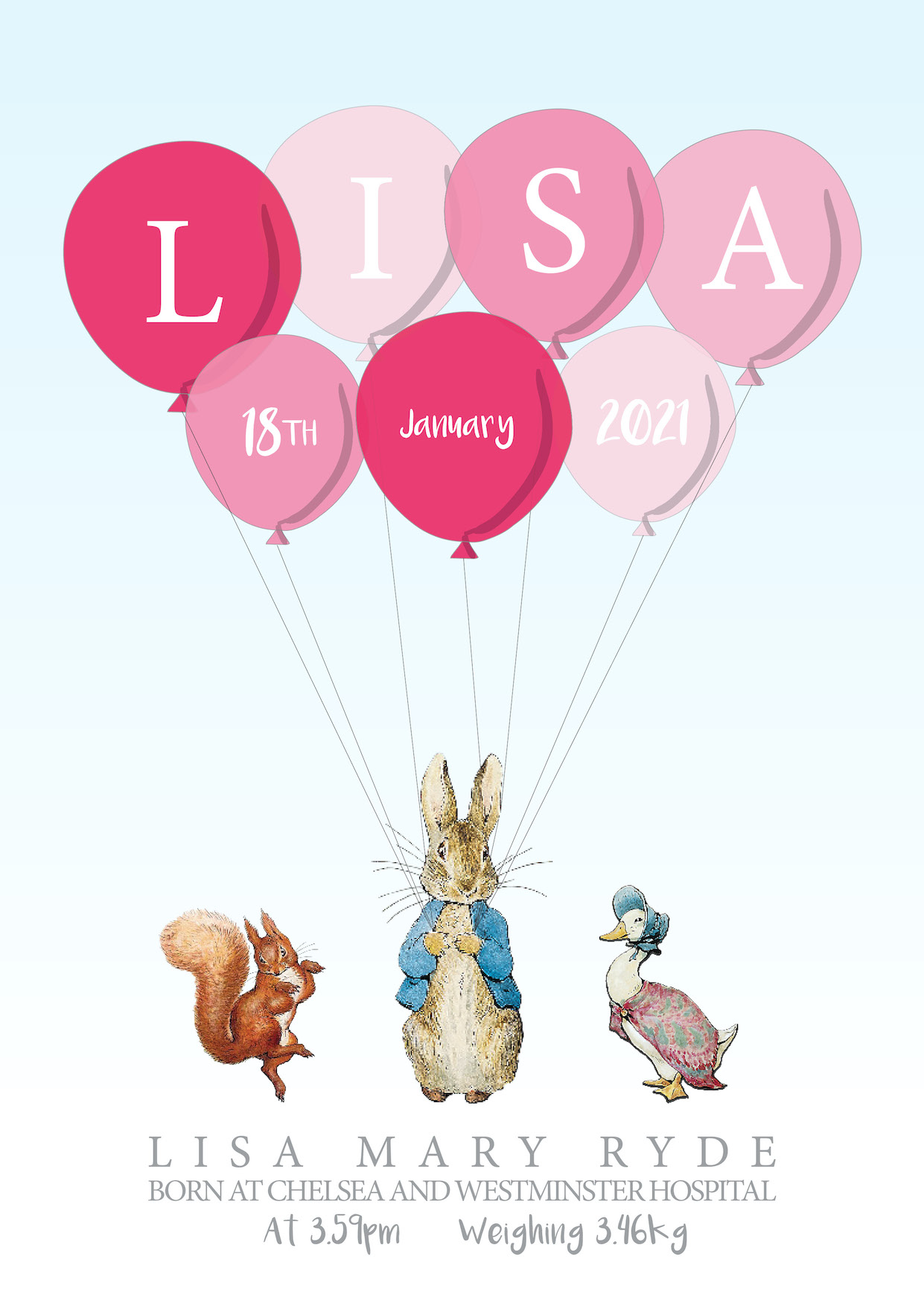 Peter Rabbit with Balloons personalised print